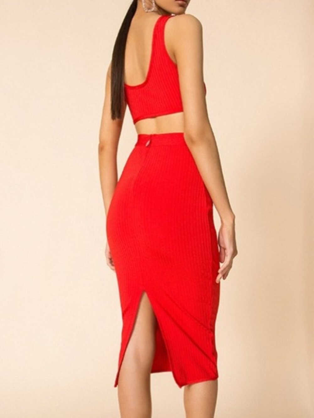 SUPERDOWN‎ Akeela Skirt Womens Small Red Ribbed Knit Midi Pencil Slit Zip